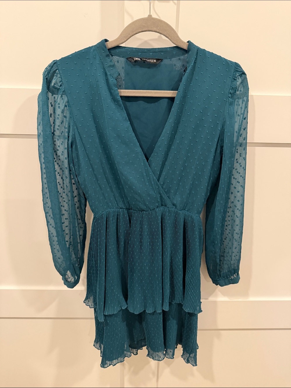 Zara Teal Pleated Tiered V-Neck Long Sleeve Dress